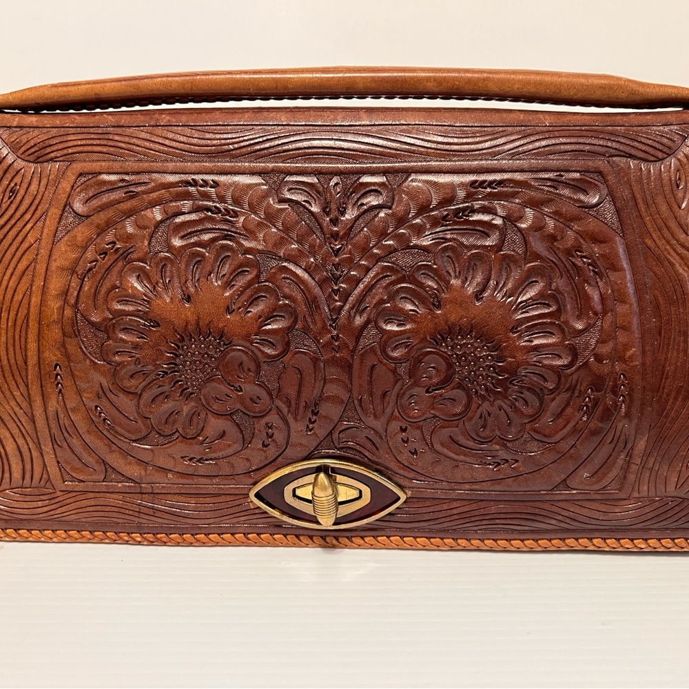 Vintage Brown Tooled Leather Clutch